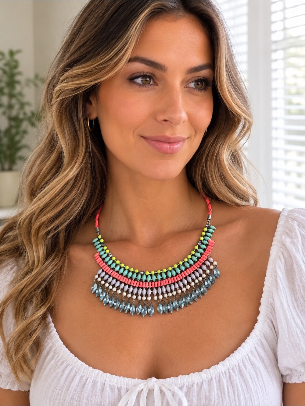 Multi-Color Beaded Statement Necklace - Coral, Lime & Aqua